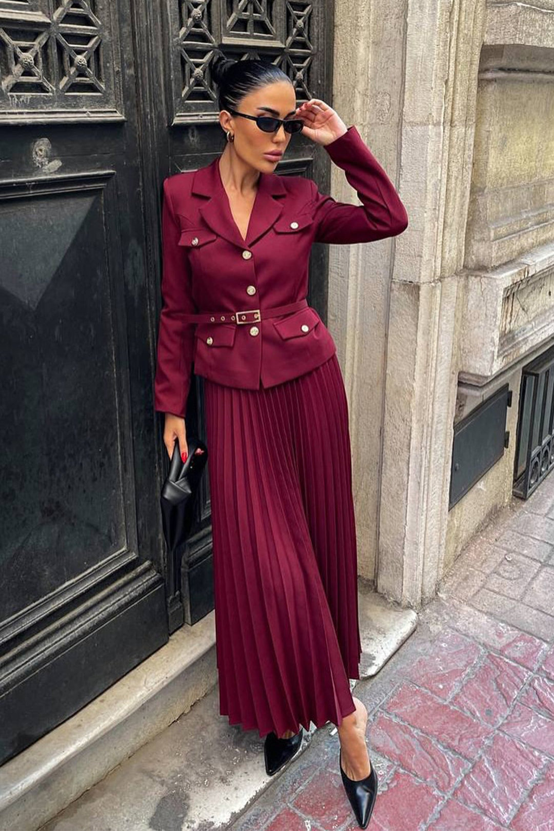 Floransa Kemerli Blazer ve Plise Etek Seti