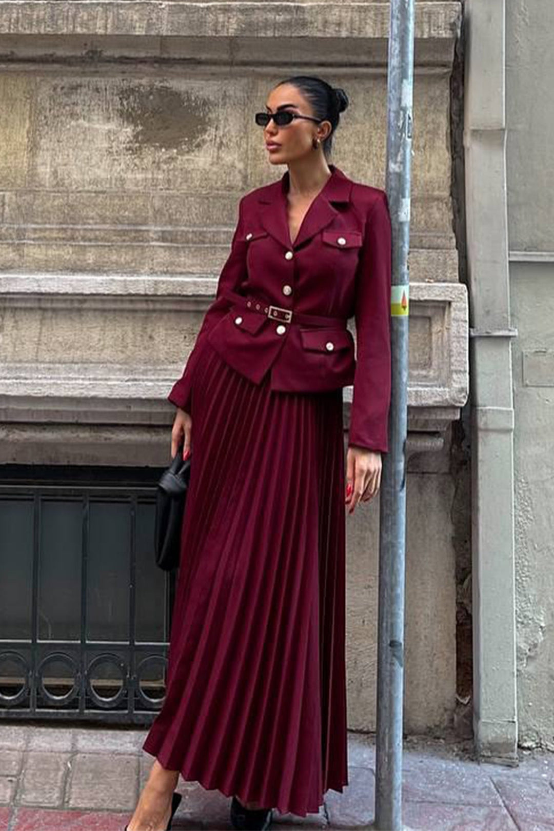 Floransa Kemerli Blazer ve Plise Etek Seti