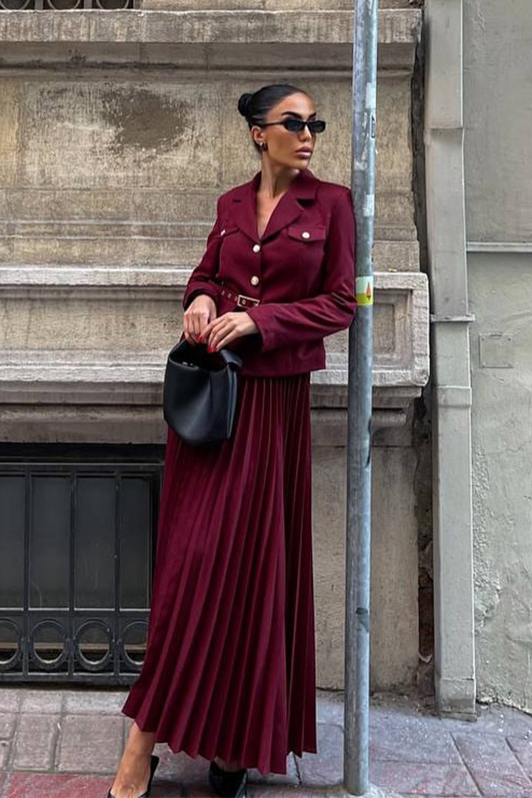 Floransa Kemerli Blazer ve Plise Etek Seti