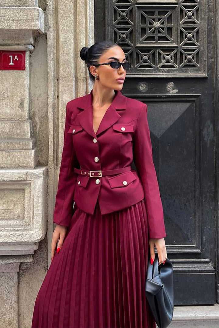 Floransa Kemerli Blazer ve Plise Etek Seti