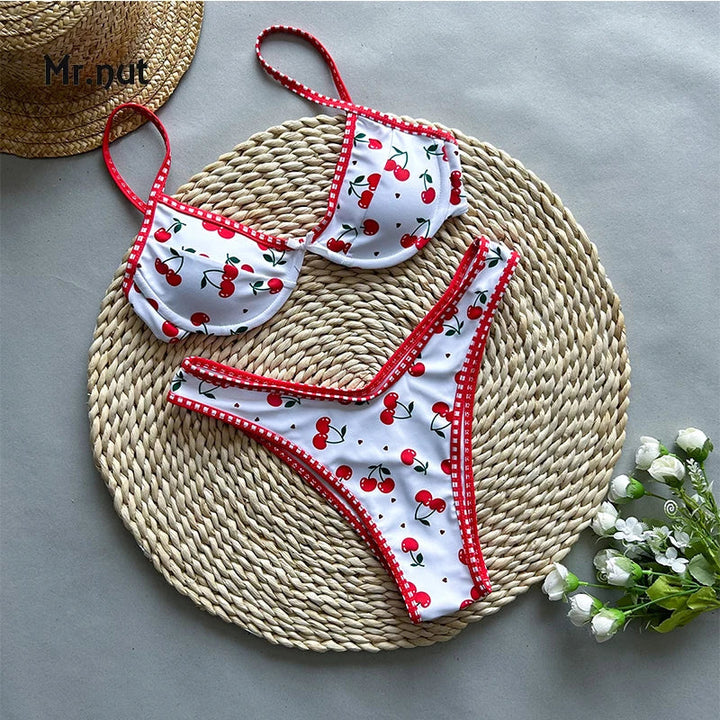 Kiraz Desenli Yüksek Bel Bikini
