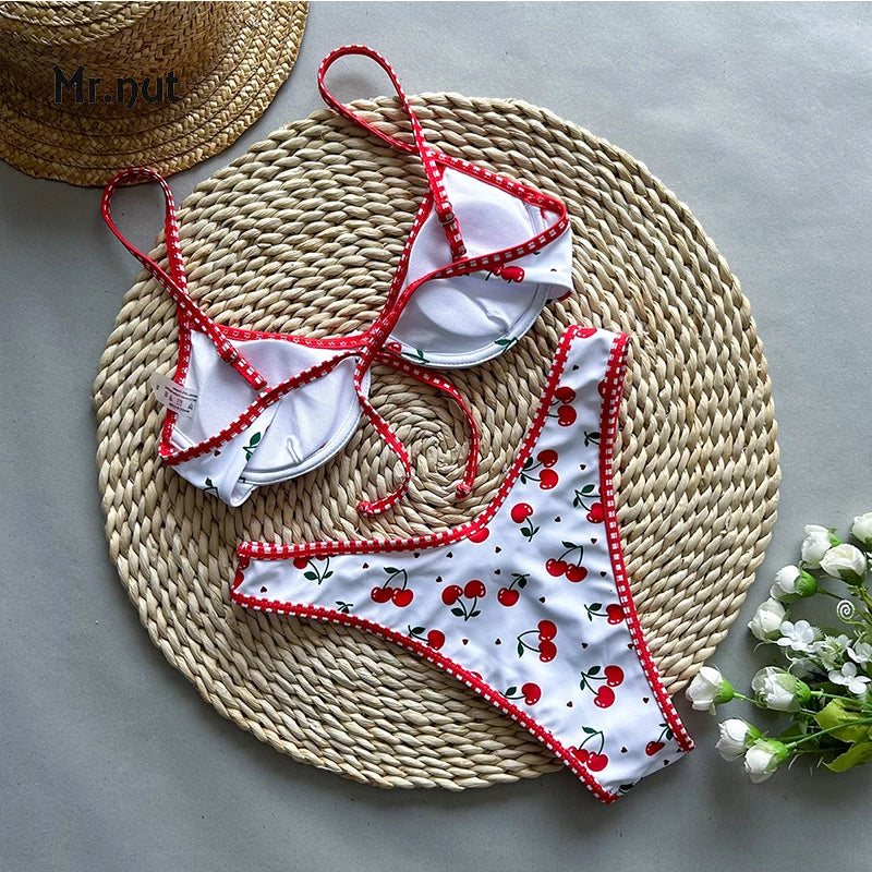 Kiraz Desenli Yüksek Bel Bikini