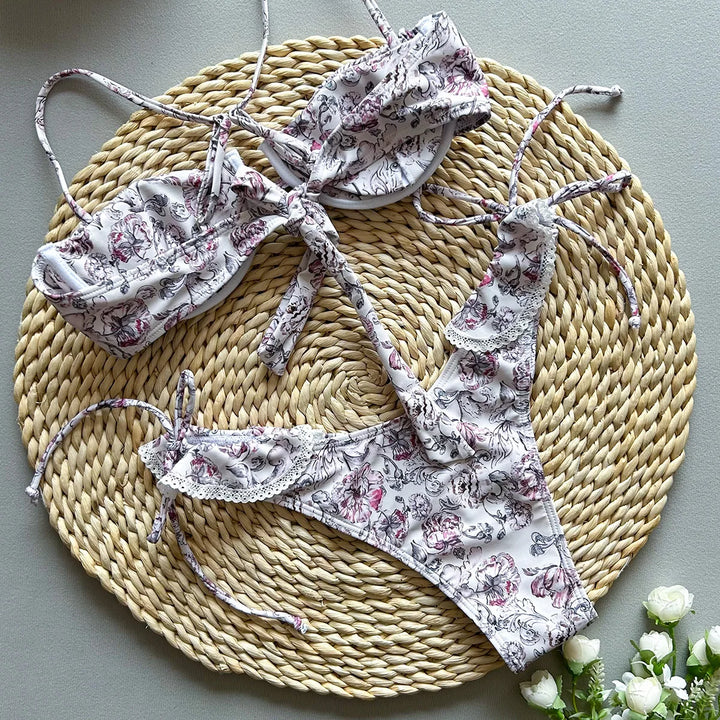 Yüksek Bel Çiçek Desenli Plise Bikini