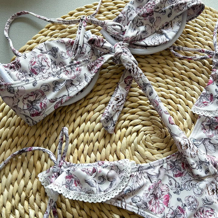 Yüksek Bel Çiçek Desenli Plise Bikini