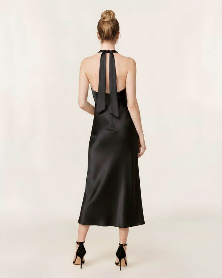Modern Halter Yaka Saten Midi Elbise