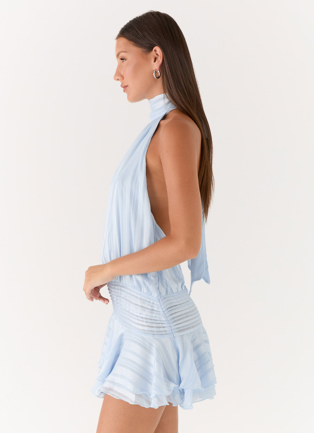 Yüksek Bel Mavi Chiffon Mini Elbise