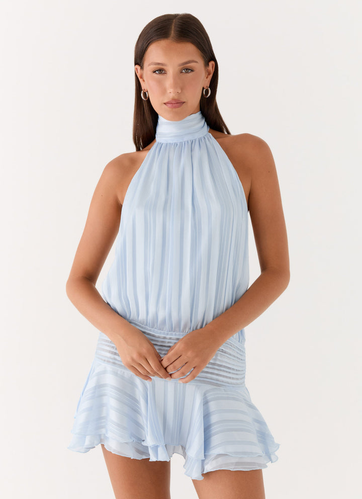 Yüksek Bel Mavi Chiffon Mini Elbise