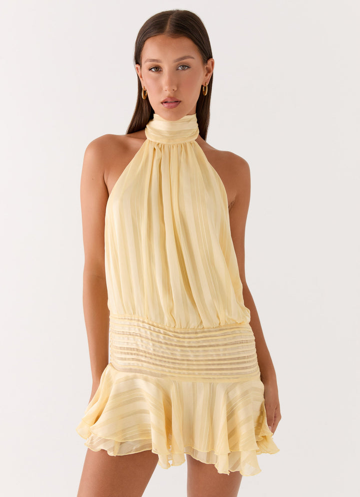 Yüksek Bel Sarı Chiffon Mini Elbise