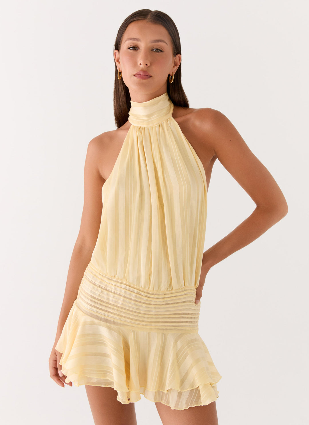 Yüksek Bel Sarı Chiffon Mini Elbise