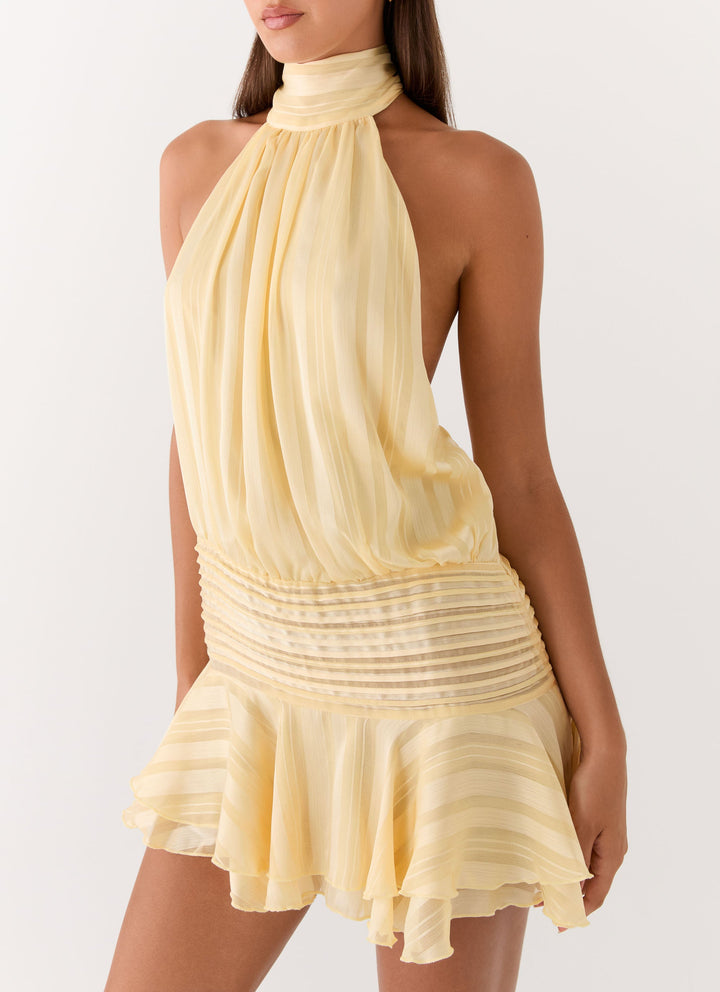 Yüksek Bel Sarı Chiffon Mini Elbise
