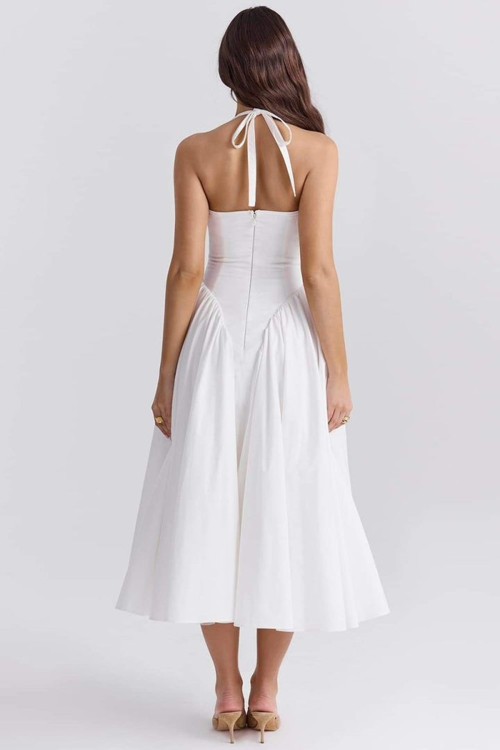 Yüksek Bel Açık Sırt Midi Elbise