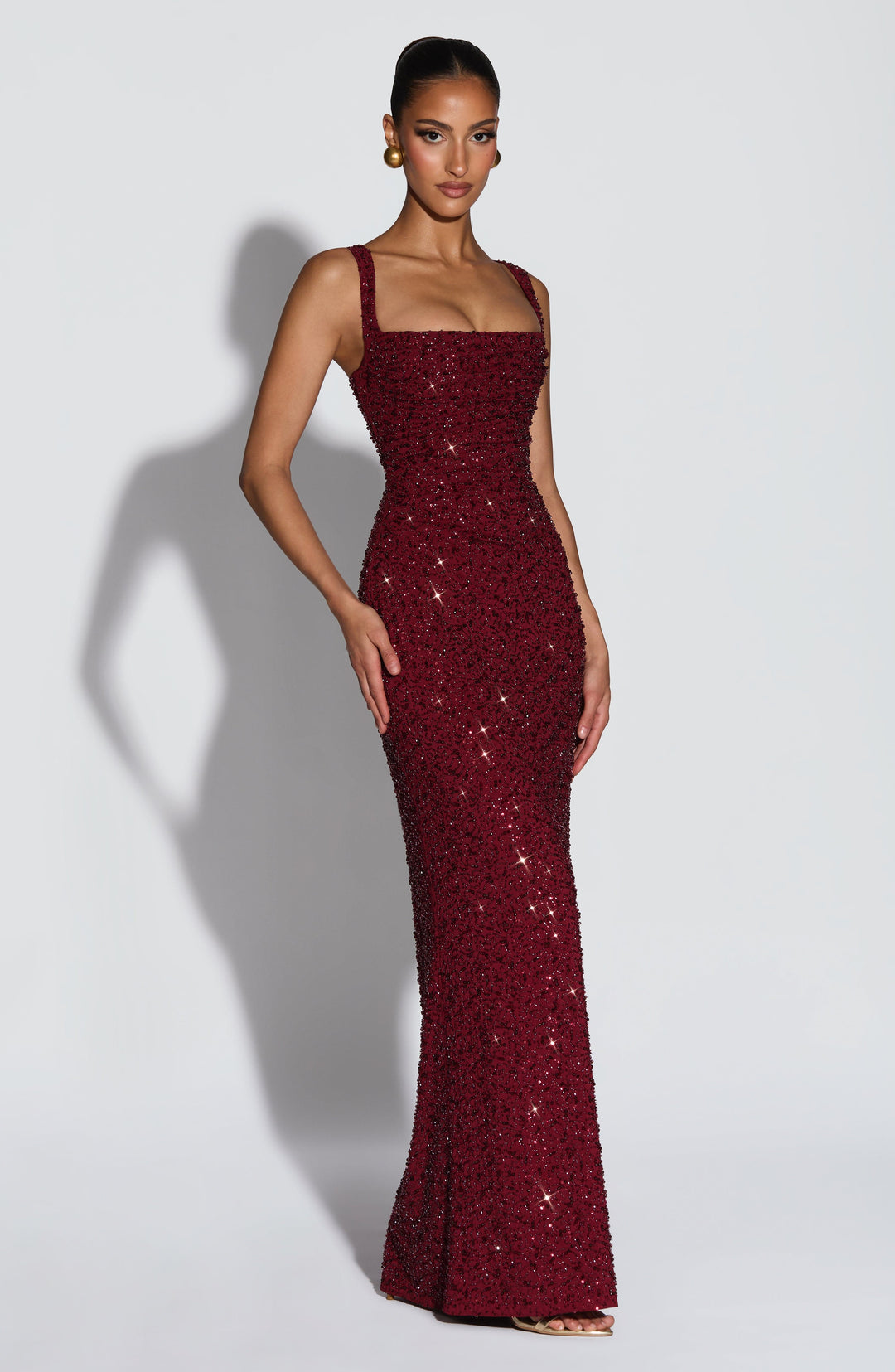 Bordo Işıltılı Calanthe Maxi Elbise