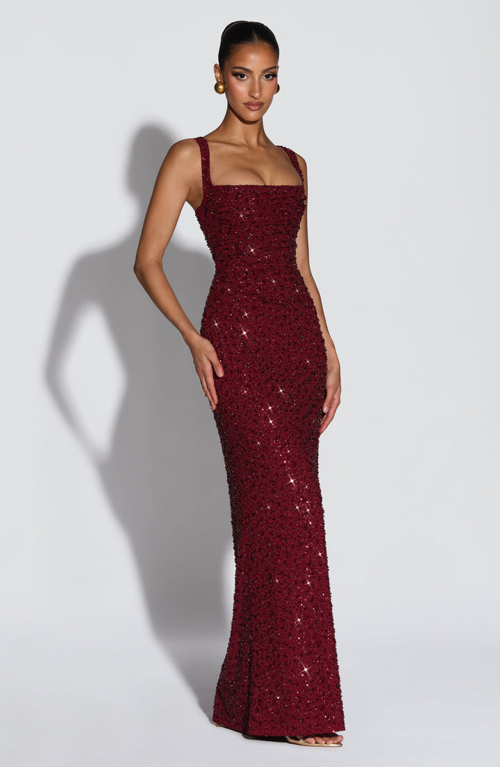 Bordo Işıltılı Calanthe Maxi Elbise