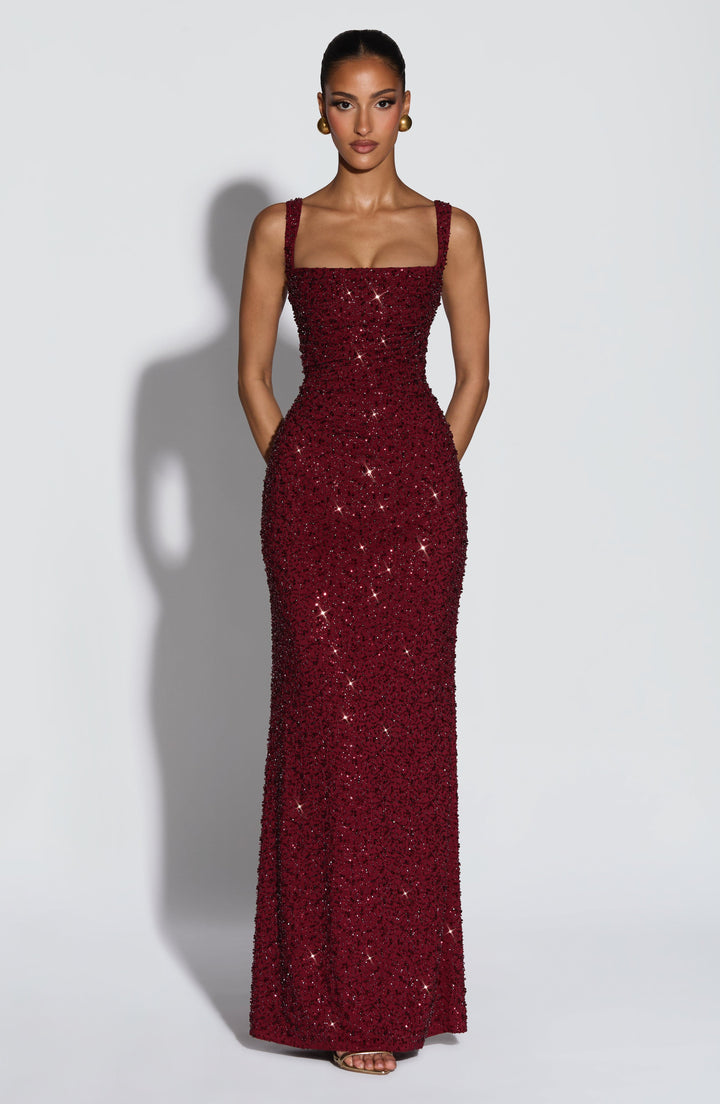 Bordo Işıltılı Calanthe Maxi Elbise