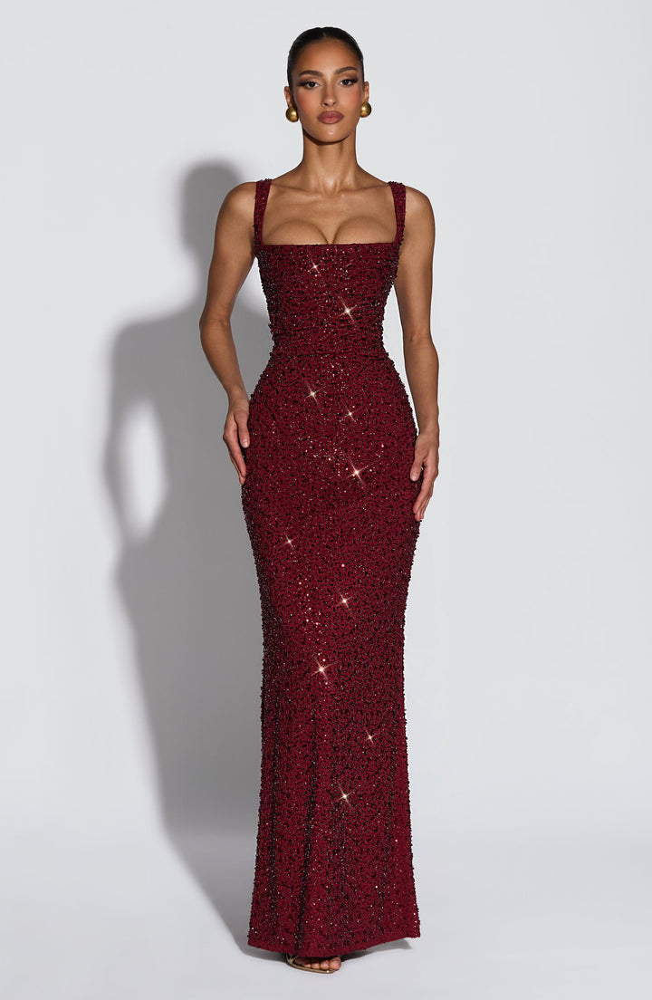 Bordo Işıltılı Calanthe Maxi Elbise