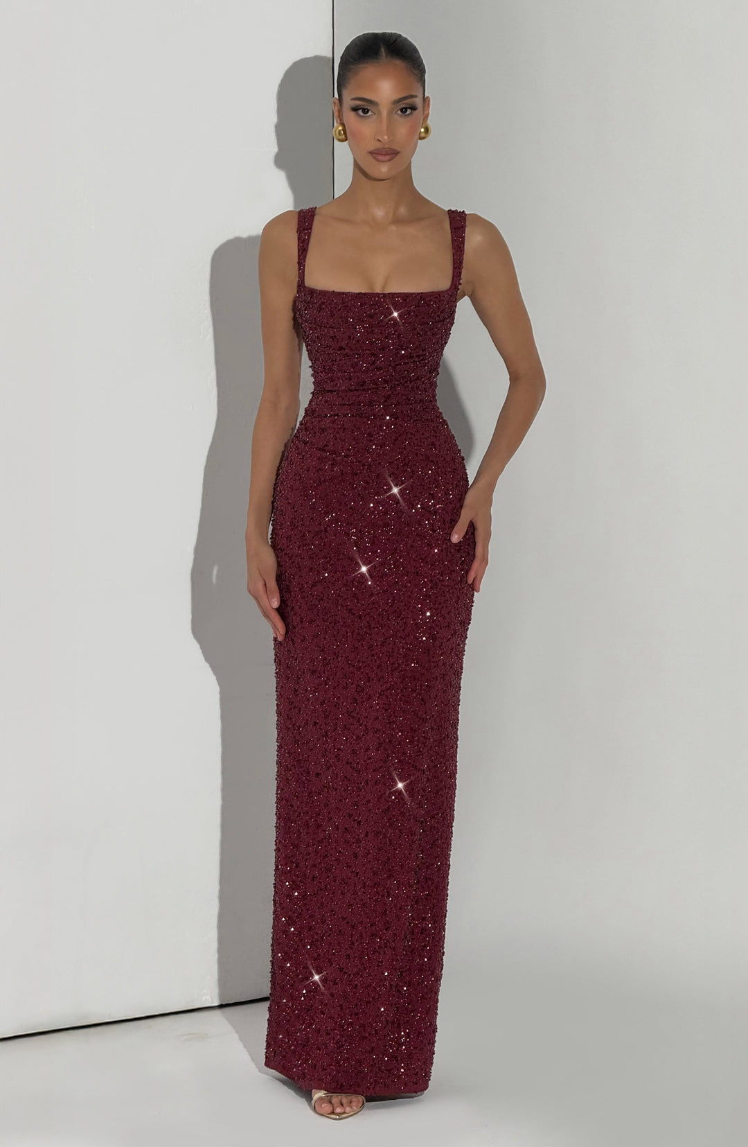 Bordo Işıltılı Calanthe Maxi Elbise