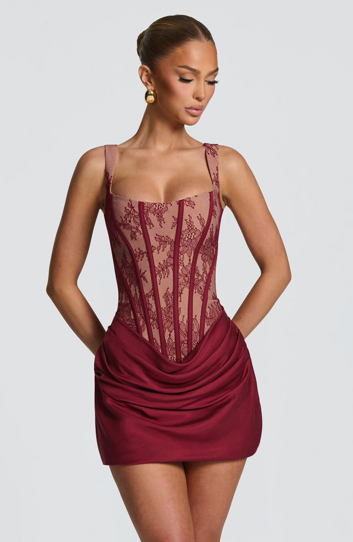 Bordo Dantel Mini Elbise