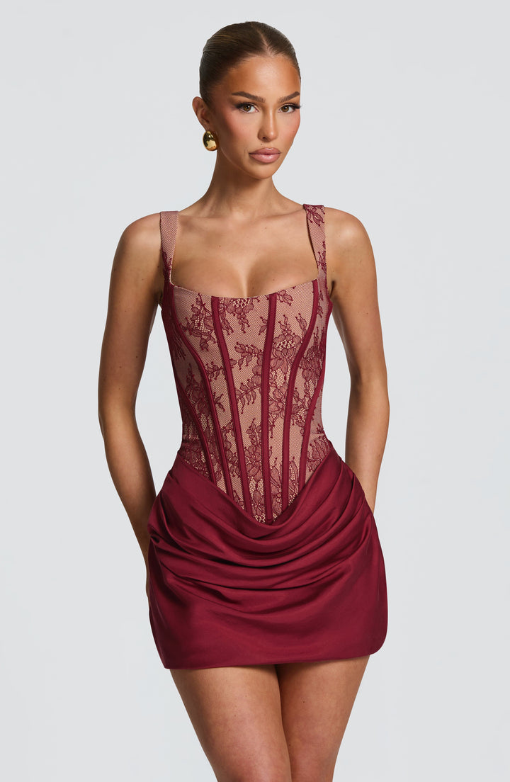 Bordo Dantel Mini Elbise