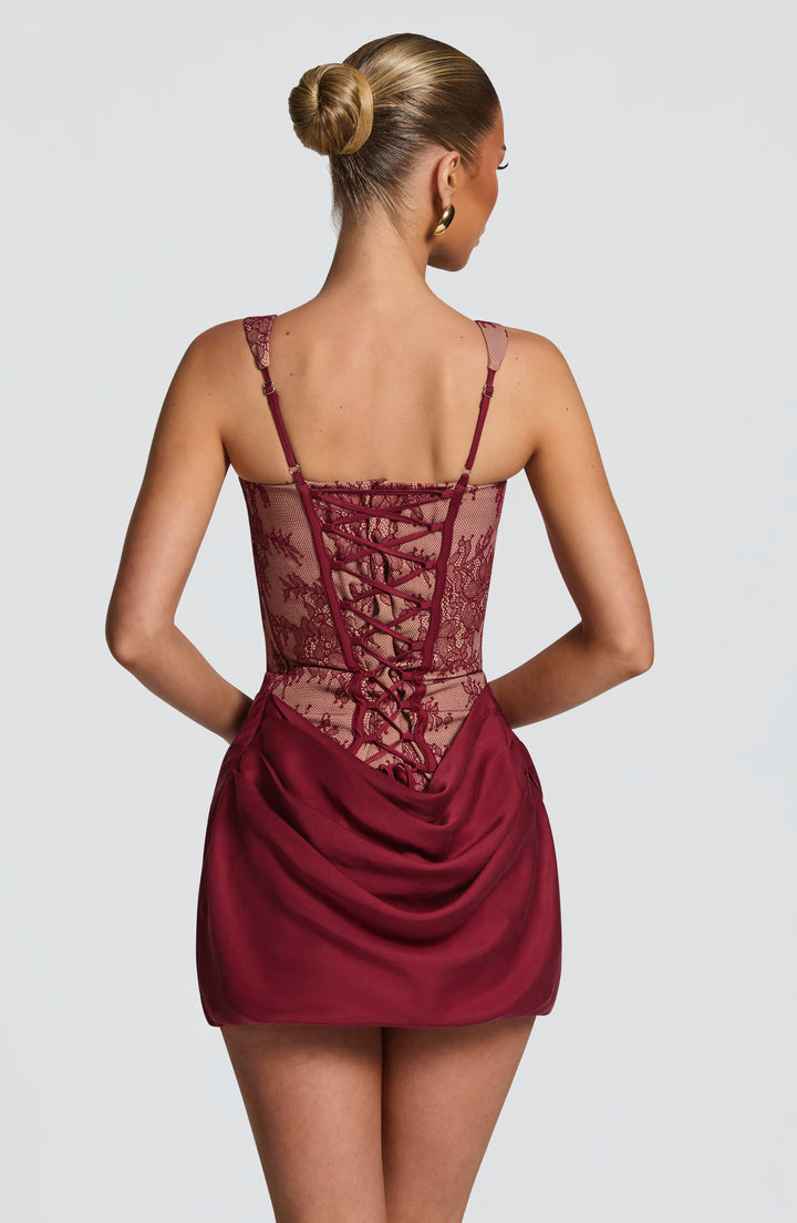 Bordo Dantel Mini Elbise