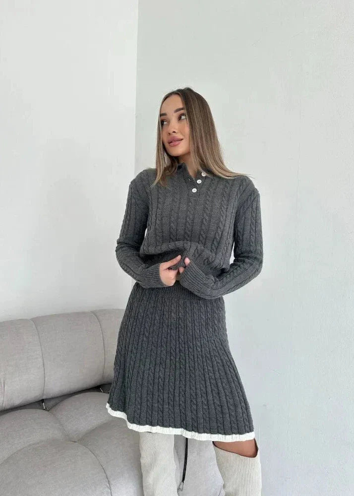 Yüksek Bel Kablo Örgü Düğmeli Kazak Elbise Seti