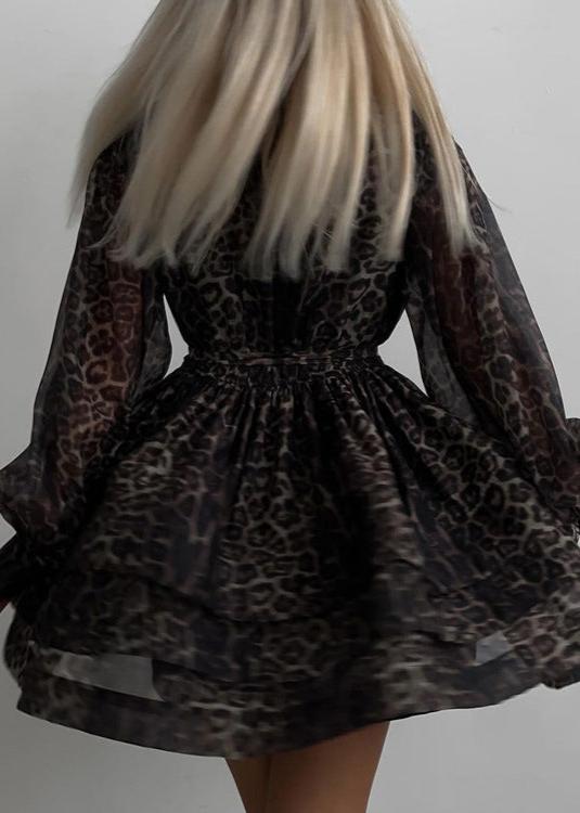 Leopar Desenli Şifon Mini Elbise