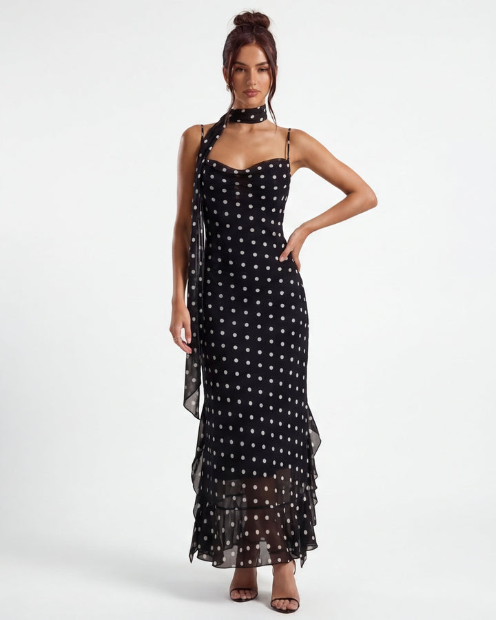 Şık Noir Polka Maxi Elbise
