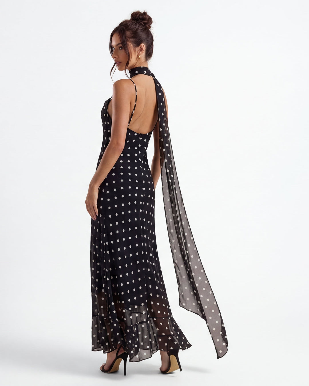 Şık Noir Polka Maxi Elbise