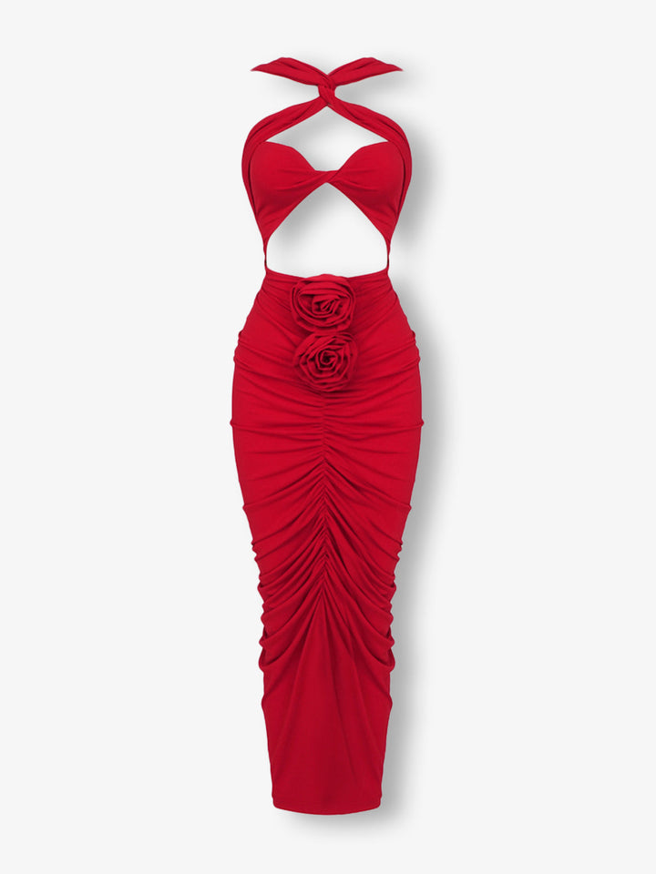 3D Çiçek Tasarımlı Modern Maxi Elbise