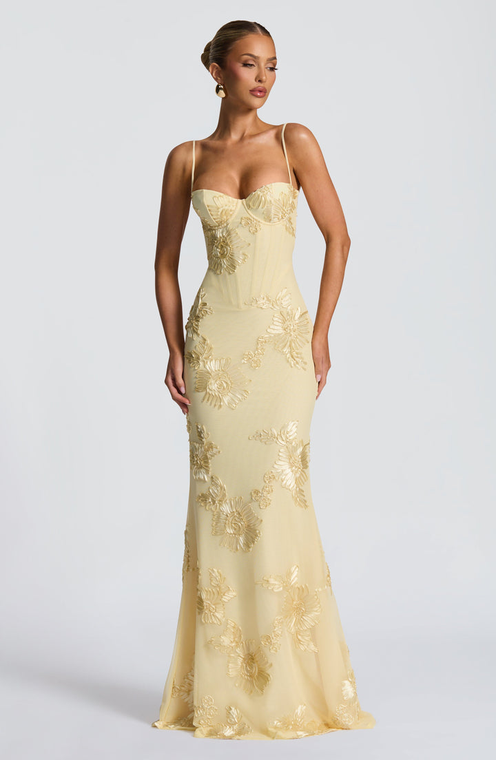 Nefertiti Lüks Maxi Elbise - Limon Renkli