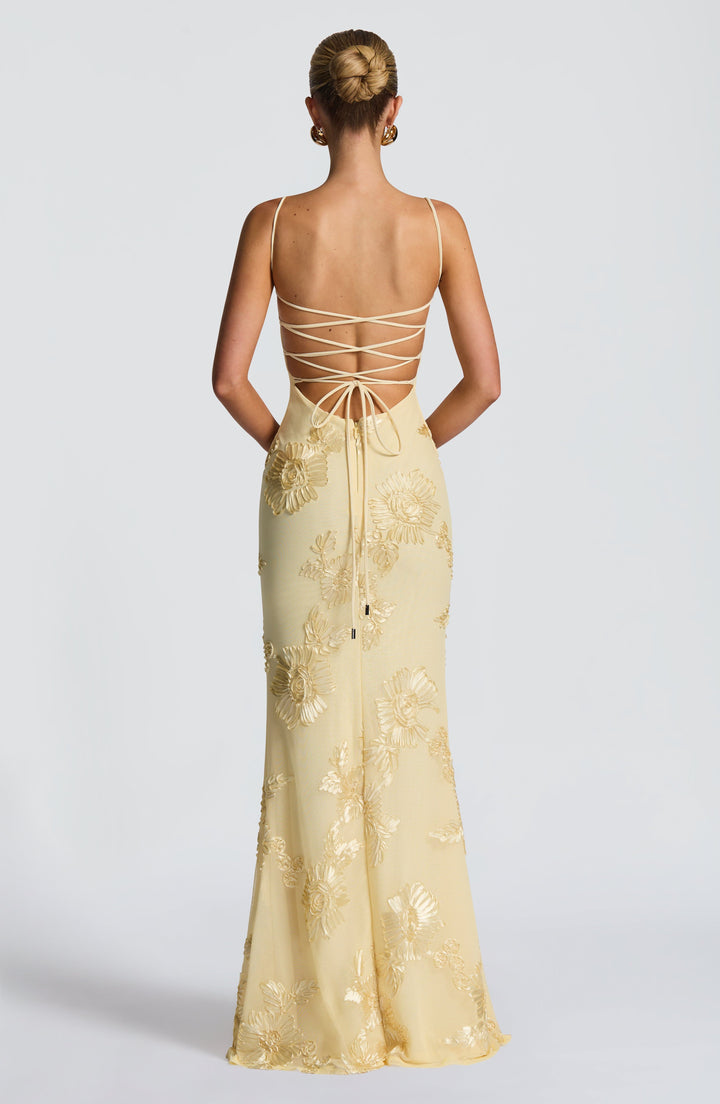 Nefertiti Lüks Maxi Elbise - Limon Renkli