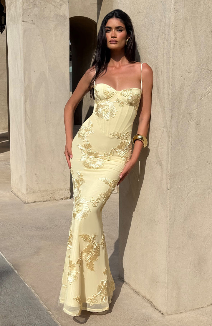 Nefertiti Lüks Maxi Elbise - Limon Renkli