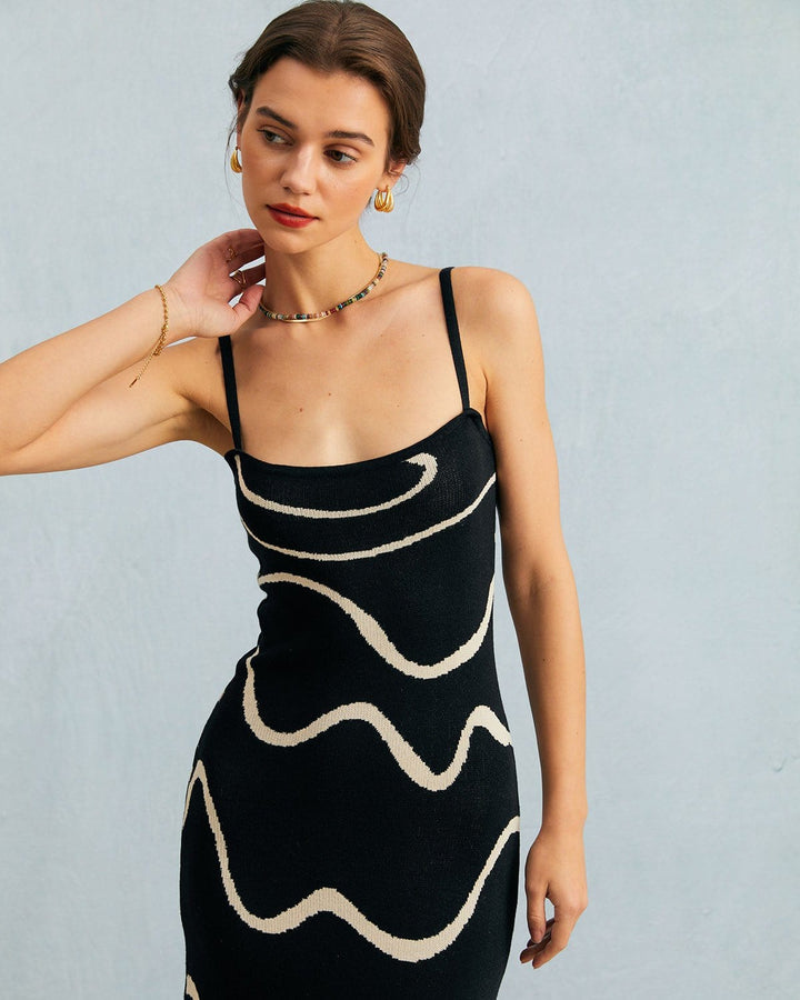 Yüksek Bel Siyah Dalga Midi Elbise