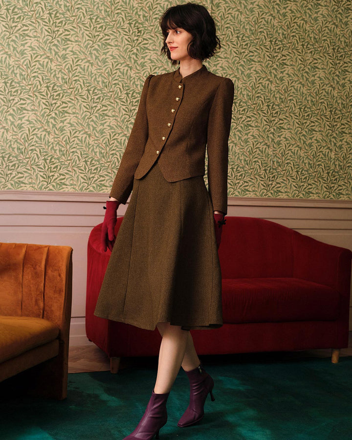 Yüksek Bel Klasik Retro Tek Düğmeli Tweed Ceket