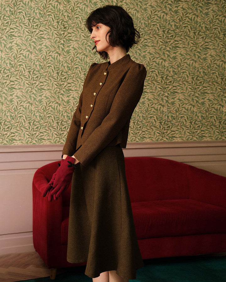 Yüksek Bel Klasik Retro Tek Düğmeli Tweed Ceket