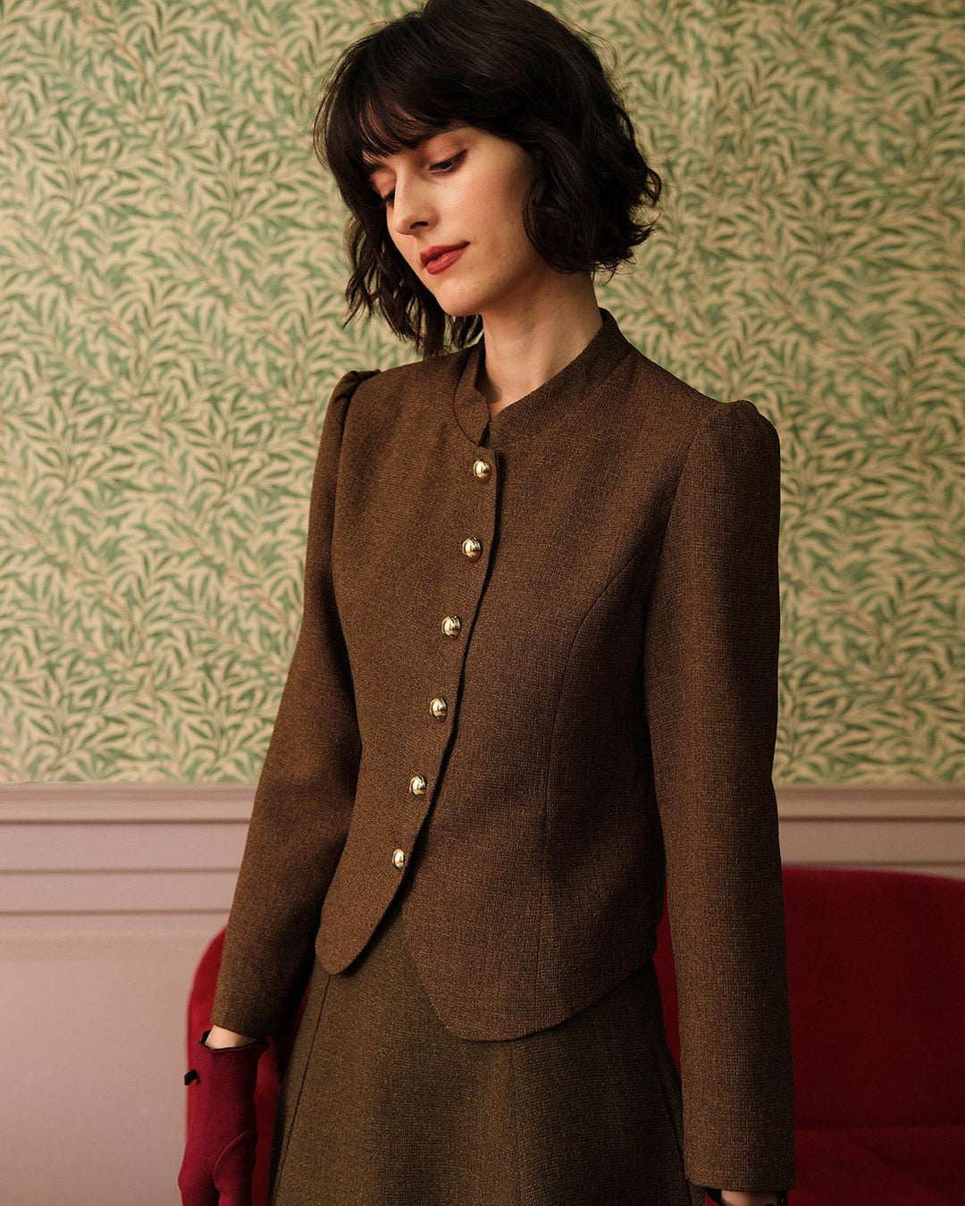 Yüksek Bel Klasik Retro Tek Düğmeli Tweed Ceket