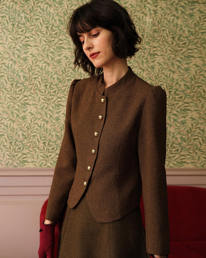 Yüksek Bel Klasik Retro Tek Düğmeli Tweed Ceket