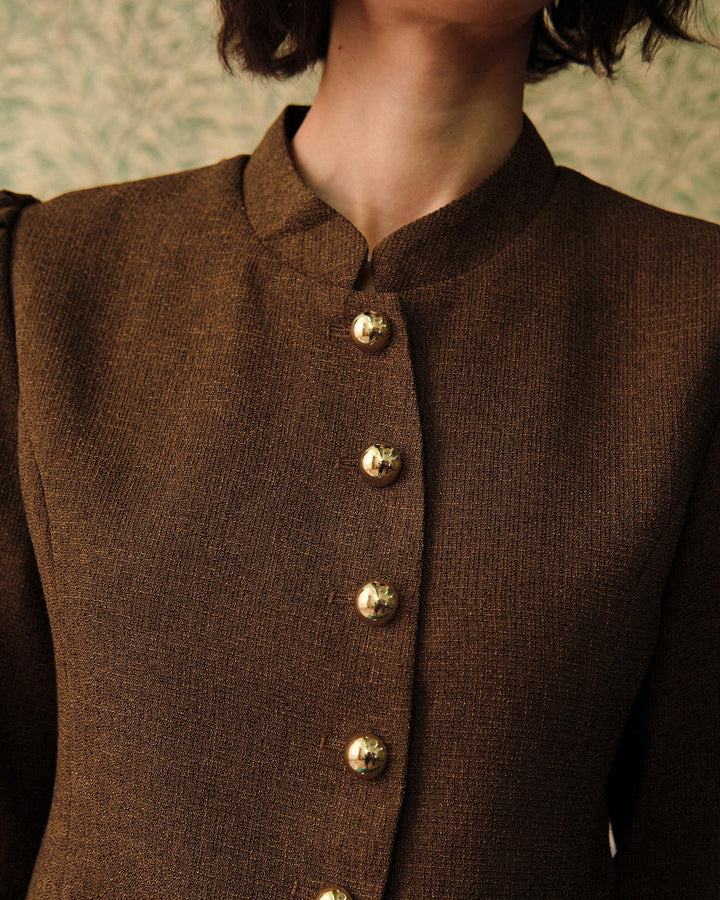 Yüksek Bel Klasik Retro Tek Düğmeli Tweed Ceket
