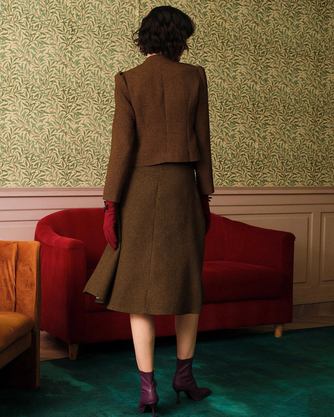 Yüksek Bel Klasik Retro Tek Düğmeli Tweed Ceket