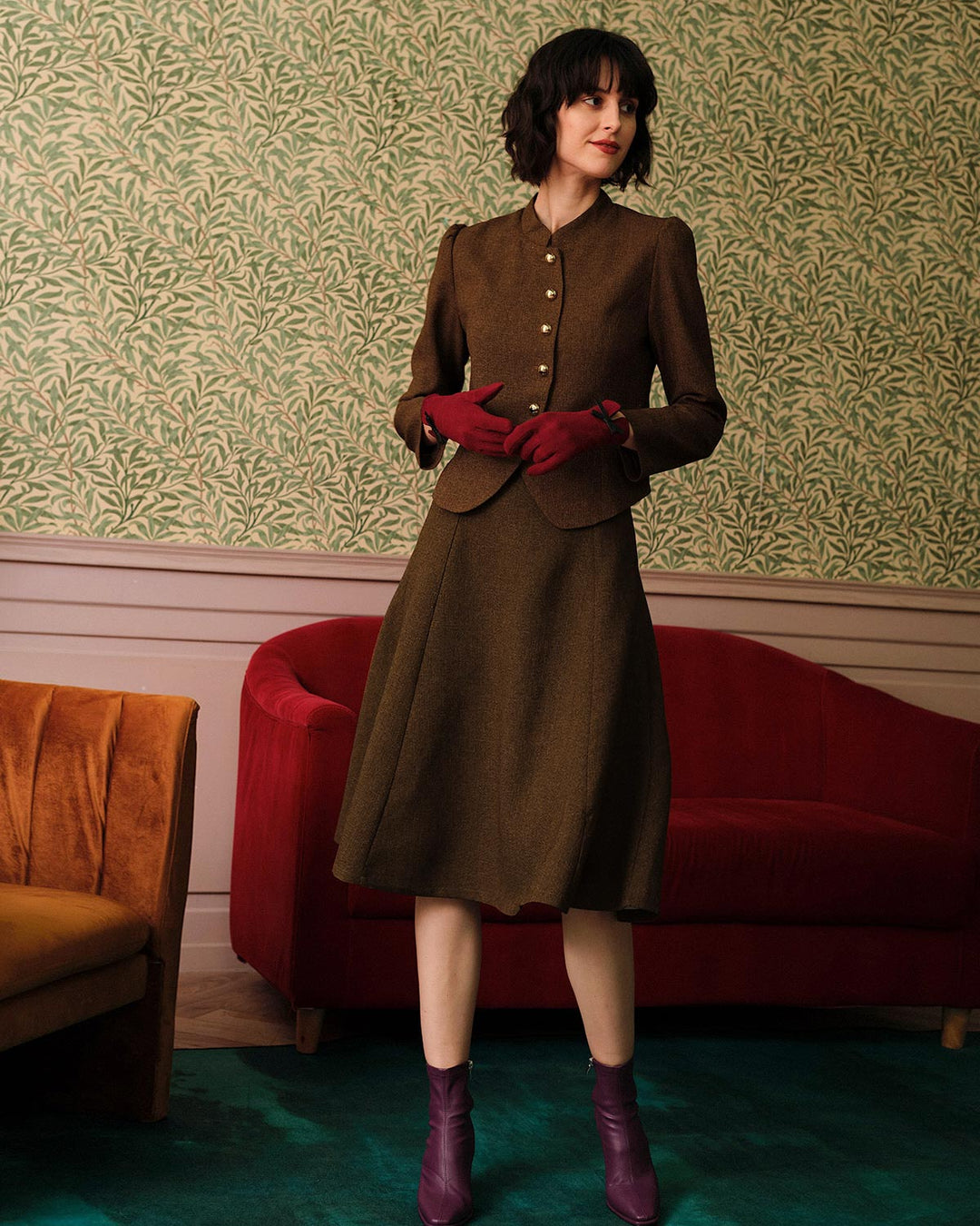 Koyu Yüksek Bel Modern Tweed Etek