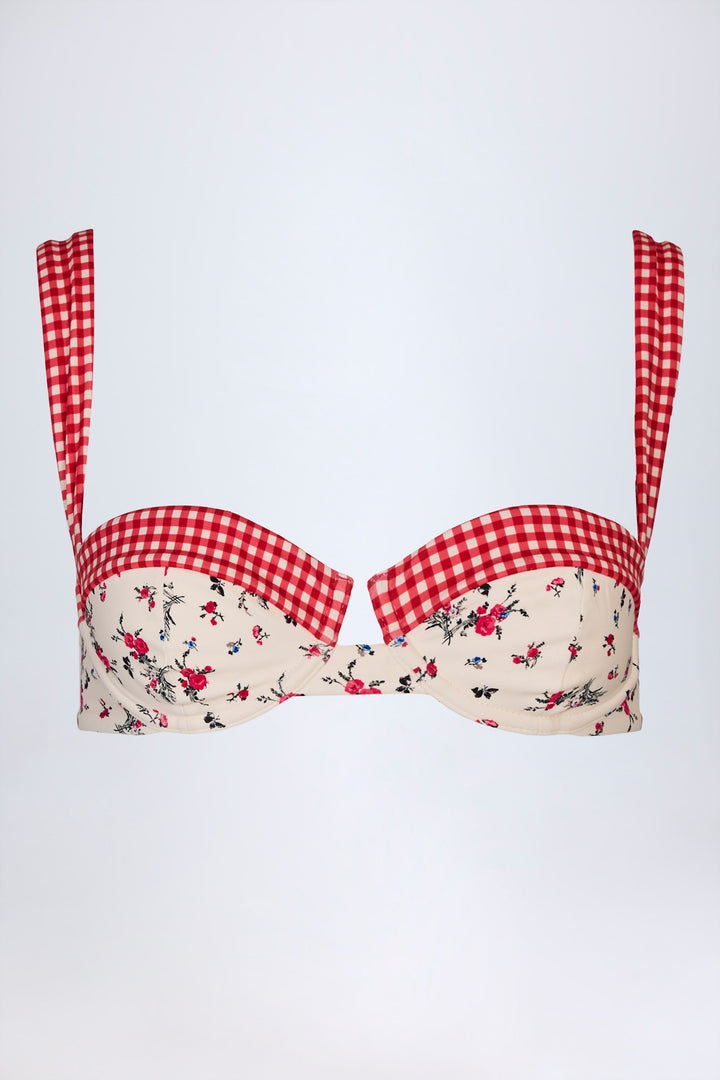 Destekli Kırmızı Çiçekli Balconette Bikini Takımı