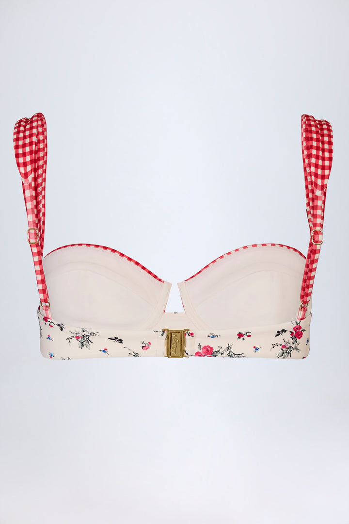 Destekli Kırmızı Çiçekli Balconette Bikini Takımı