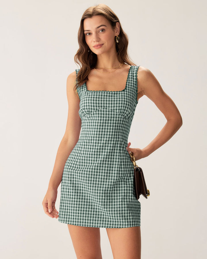 Yeşil Ekoseli Modern Mini Elbise