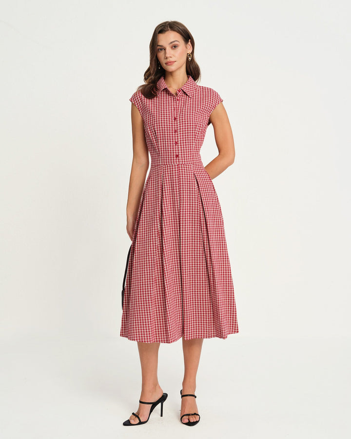 Yüksek Bel Kırmızı Ekoseli Midi Elbise