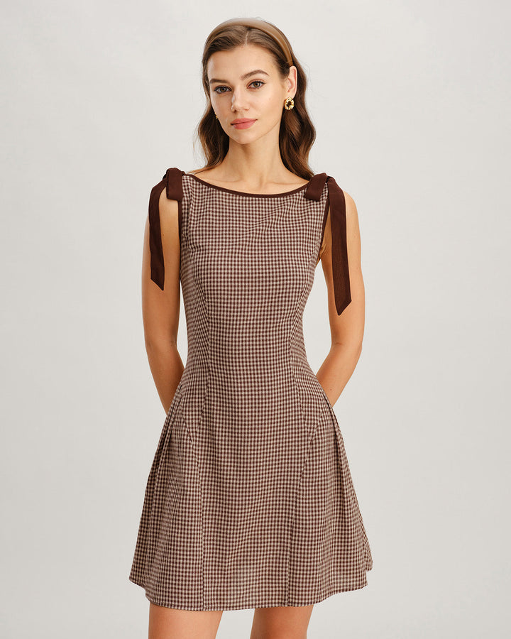 Yüksek Bel Kahverengi Gingham Mini Elbise