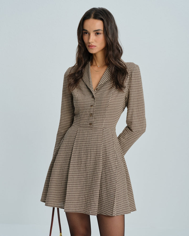 Yüksek Bel Kahverengi Gingham Pamuk Mini Elbise