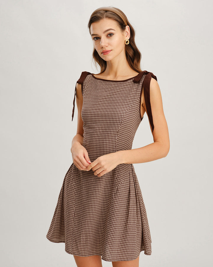 Yüksek Bel Kahverengi Gingham Mini Elbise