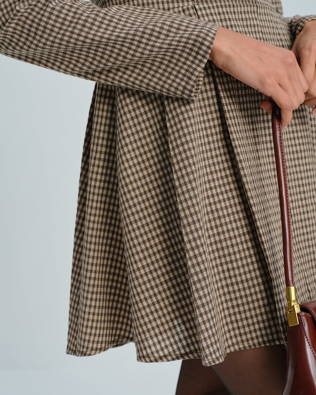 Yüksek Bel Kahverengi Gingham Pamuk Mini Elbise