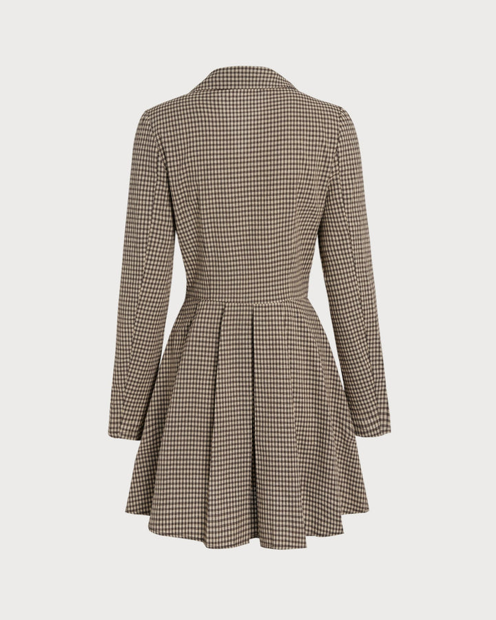 Yüksek Bel Kahverengi Gingham Pamuk Mini Elbise