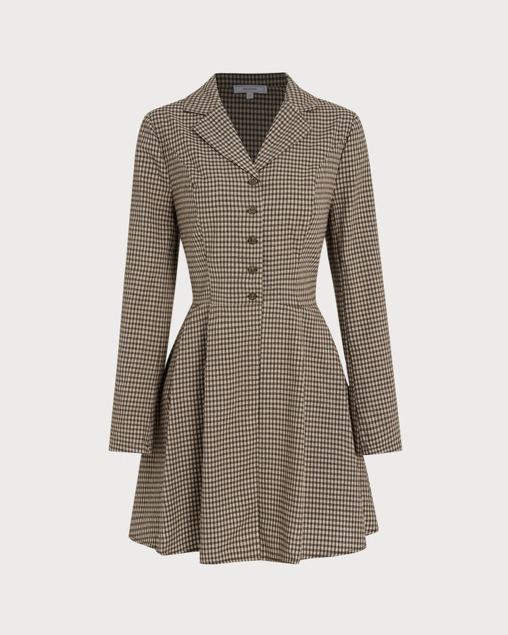 Yüksek Bel Kahverengi Gingham Pamuk Mini Elbise