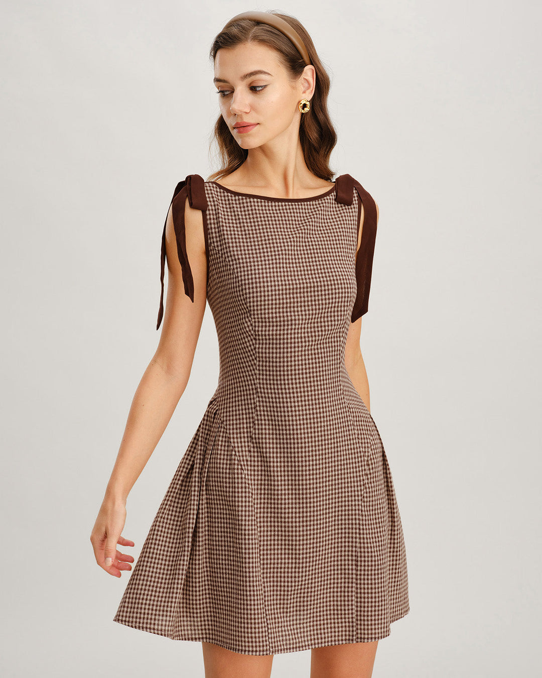 Yüksek Bel Kahverengi Gingham Mini Elbise